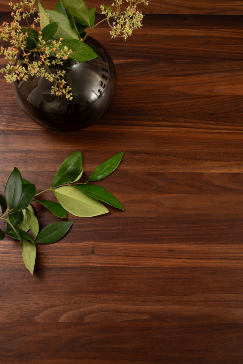 Close-up of a walnut island countertop with a vase of greenery in a Capitol Hill kitchen