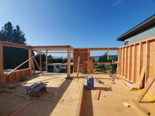 Construction photo of new wall framing for the North Beach second-story addition