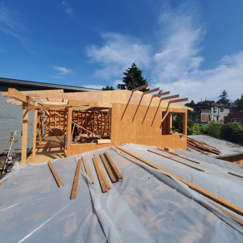 Construction photo of North Beach second-story framing with roof rafters going up